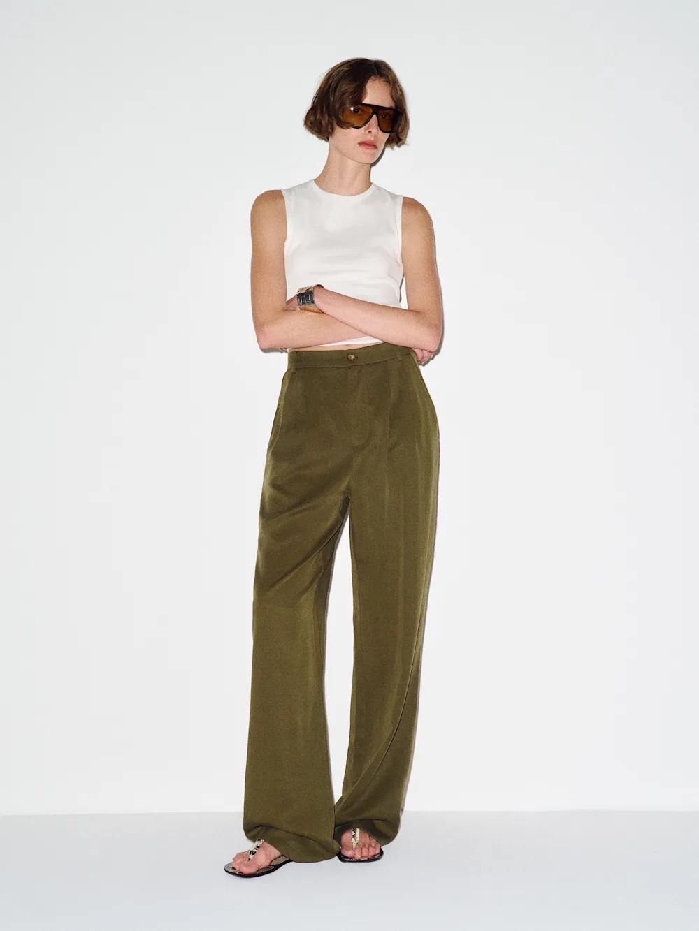 Wide-Leg High-Rise Reformation Pants in Moss